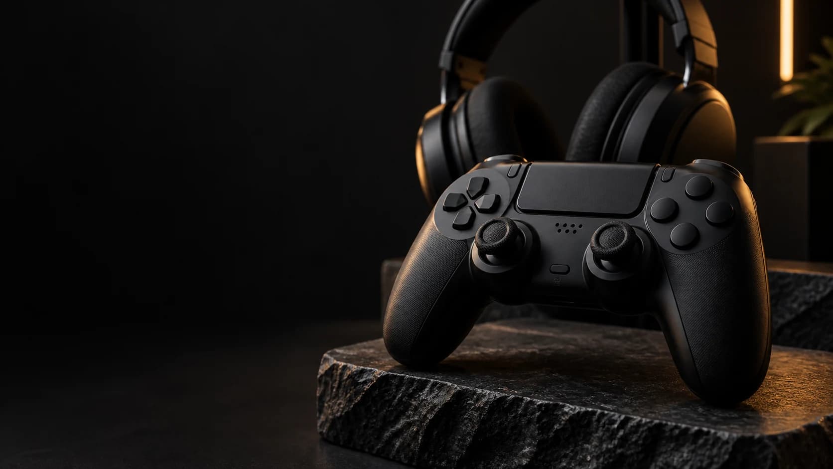 Black controller and headset with warm light on a stone display