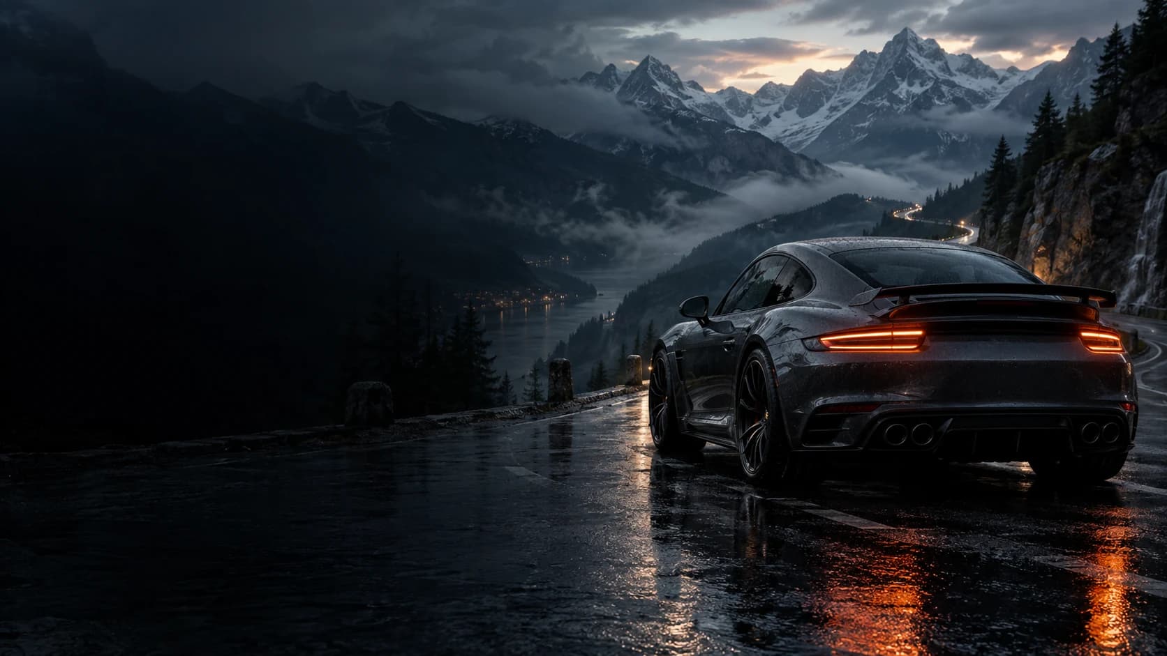 Graphite sports car on a rain-soaked alpine road at dusk